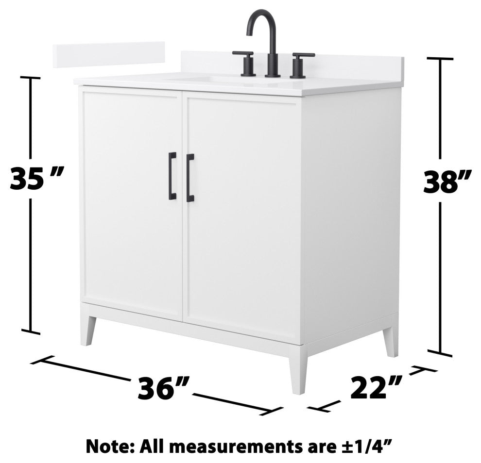 Elan 36" Single Vanity, White, White Quartz Top, 3-Hole, Black Trim
