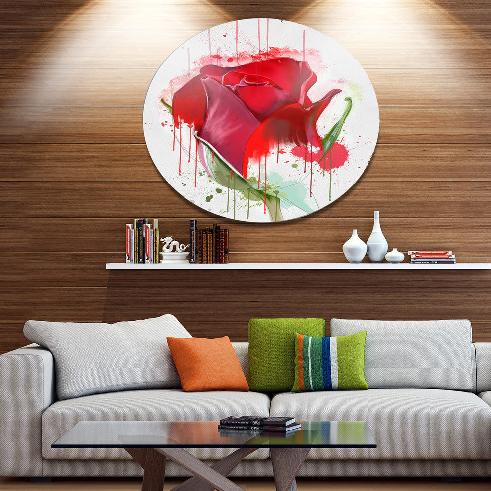 Colorful Red Rose Sketch Watercolor, Floral Disc Metal Wall Art, 23"