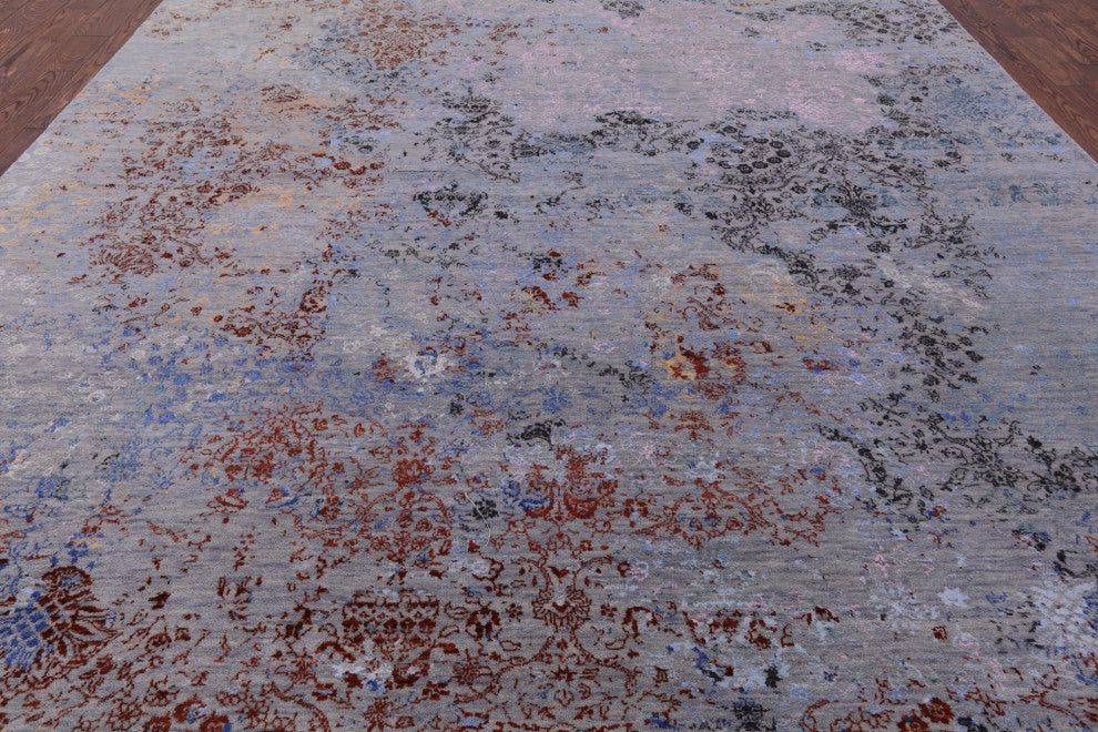 9' 1" X 12' 6" Modern Hand Knotted Wool and Silk Rug Q7074