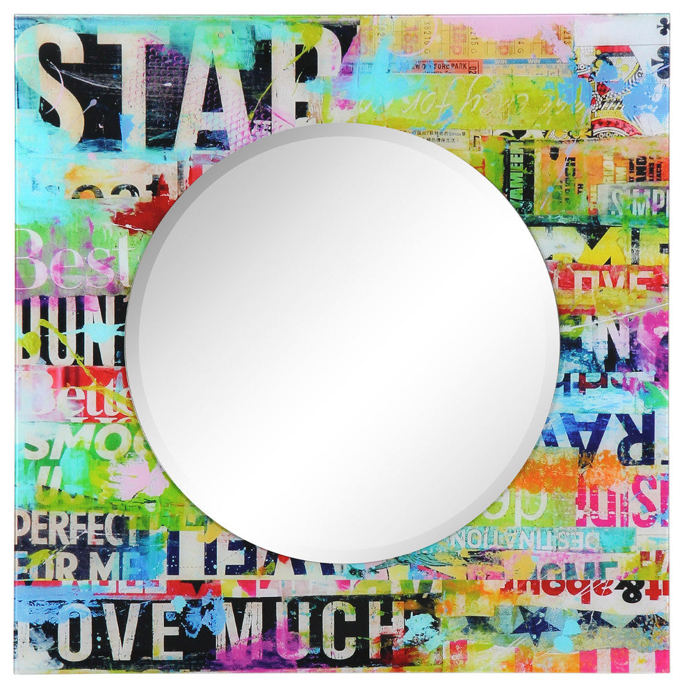 "Star" Square Beveled Wall Mirror on Free Floating Printed Tempered Art Glass