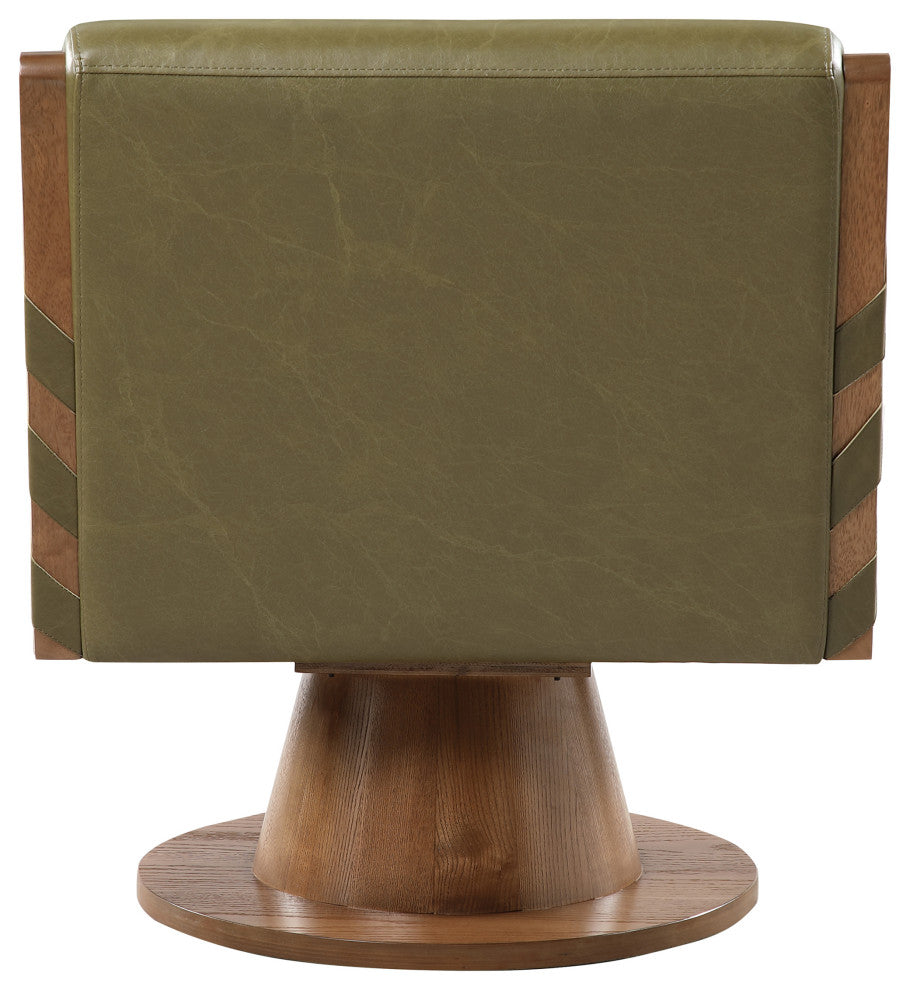 Millwin Upholstered Swivel Accent Chair, Olive, Vegan Leather, Walnut Finish
