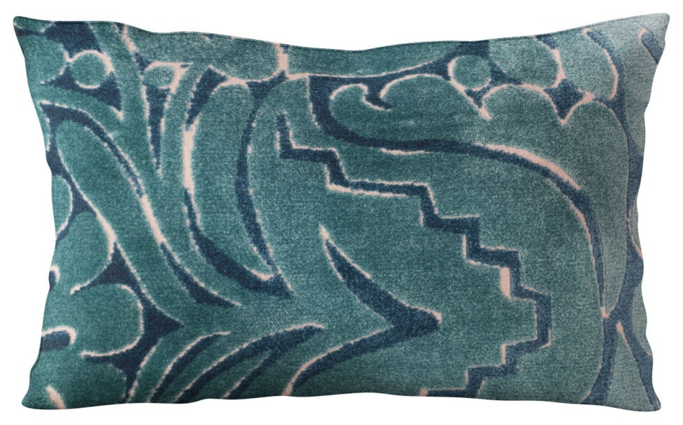 Plutus Blue Velvet Damask Luxury Throw Pillow, 12"x20"