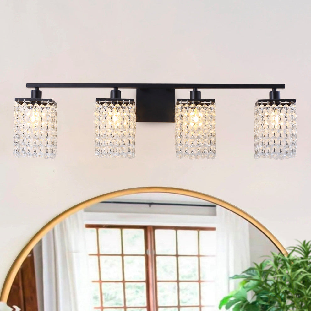 Modern Black Finish Crystal Style Bathroom Vanity Light, 4-Light