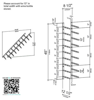 Vino Pins Flex 45 (wall mounted metal wine rack), Matte Black/Aluminum, 27 Bottles