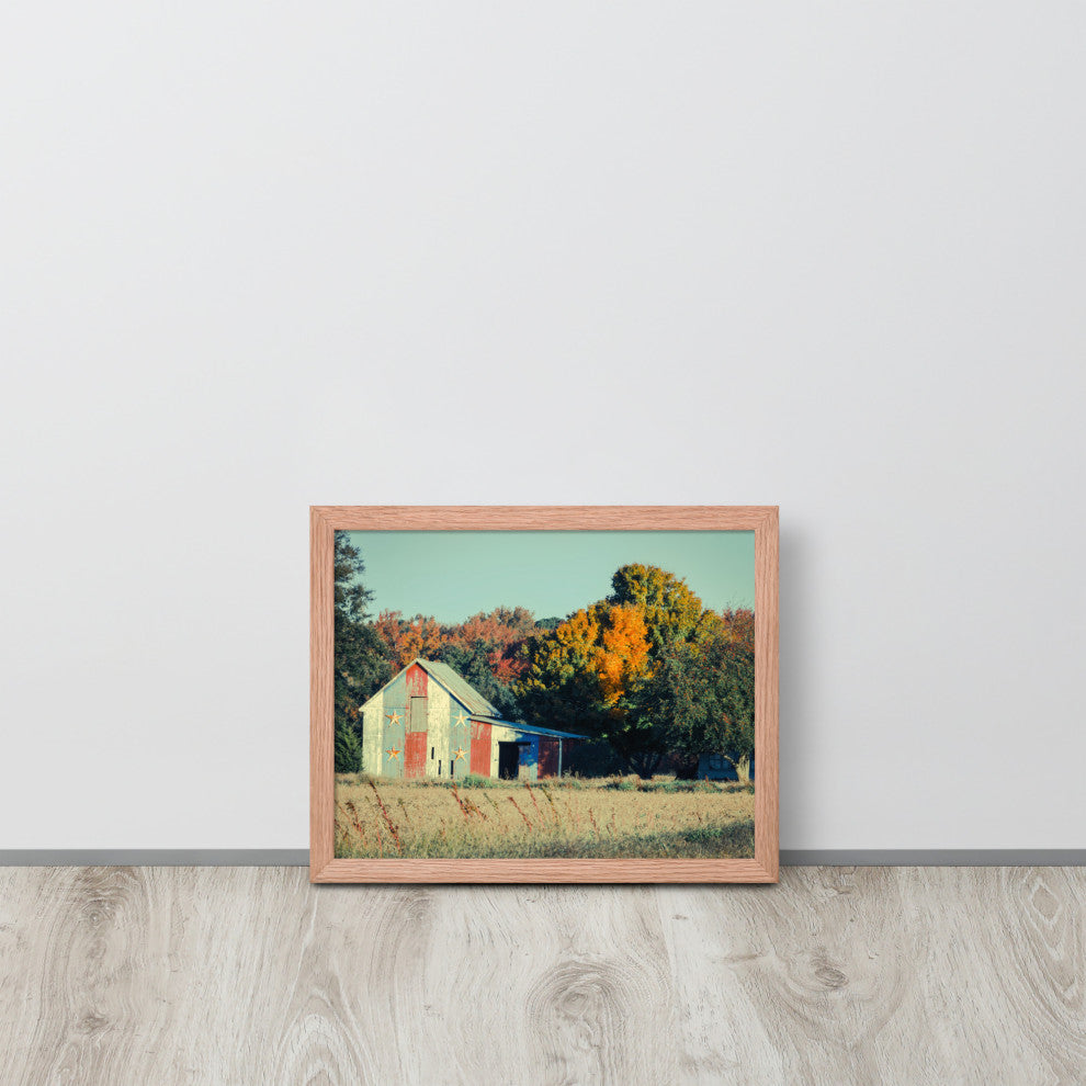 Patriotic Weathered Barn in Field Cross Processed Framed Photo Wall Art Prints, Red Oak, 11" X 14"
