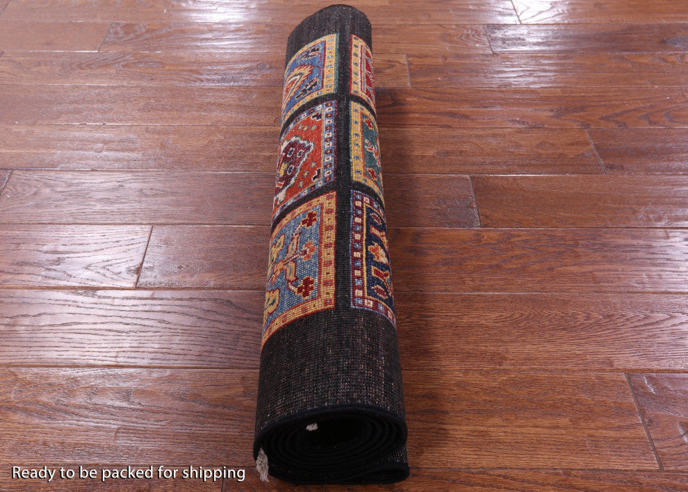 2' 8" X 6' 5" Persian Garden Design Black Handmade Wool Runner Rug Q10695