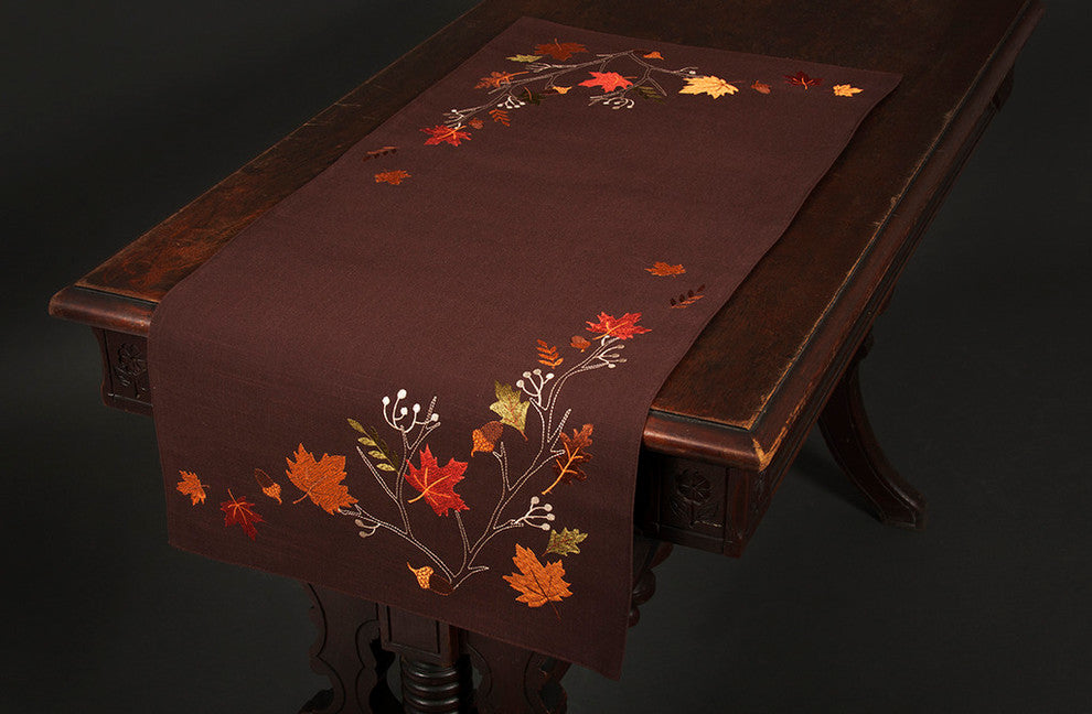 Autumn Branches Embroidered Fall Table Runner, Coffee, 16"x36"