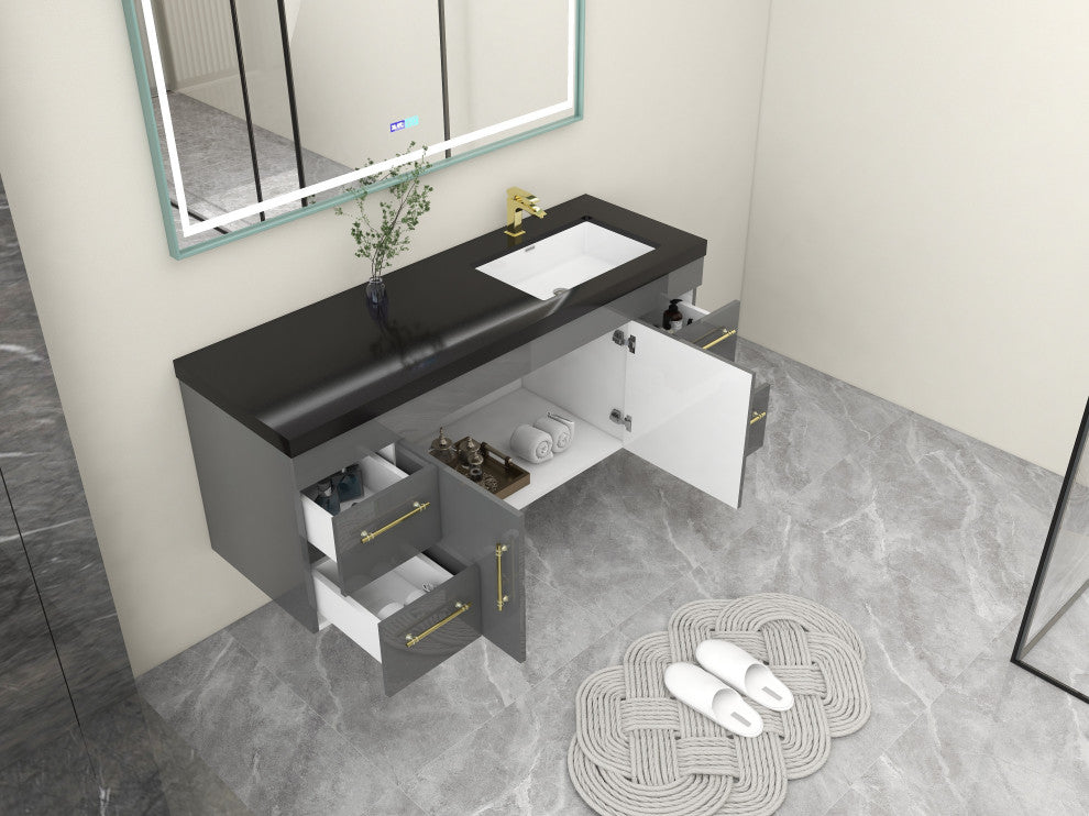 Rosa 60" Wall Mounted Modern Vanity, High Gloss Gray, Matt Black Top