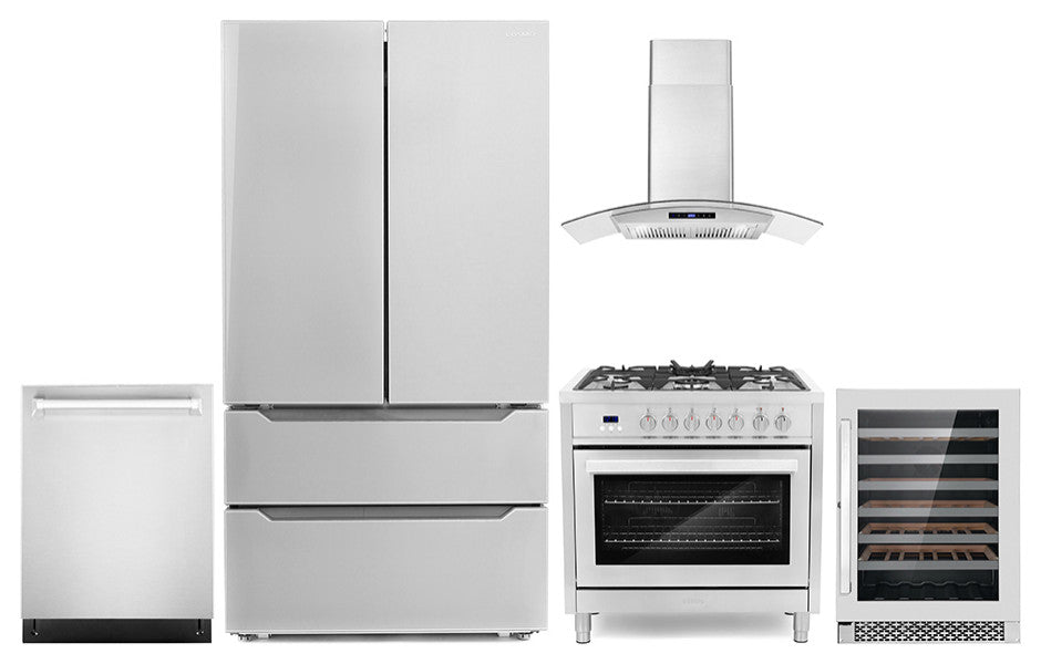 5-Piece Kitchen, 36" 240V Dual Fuel Range and 36" Wall Mount Range Hood
