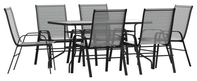 Brazos 7 Pc Outdoor Dining Set 55" Table, 6 Stack Chairs, Gray