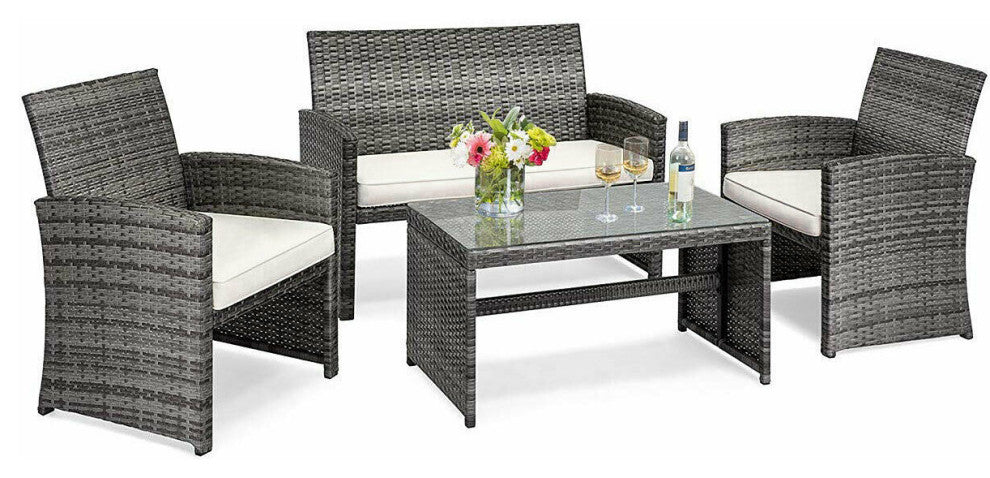 Costway 4PCS Patio Rattan Furniture Set Conversation Glass Table Top Cushioned