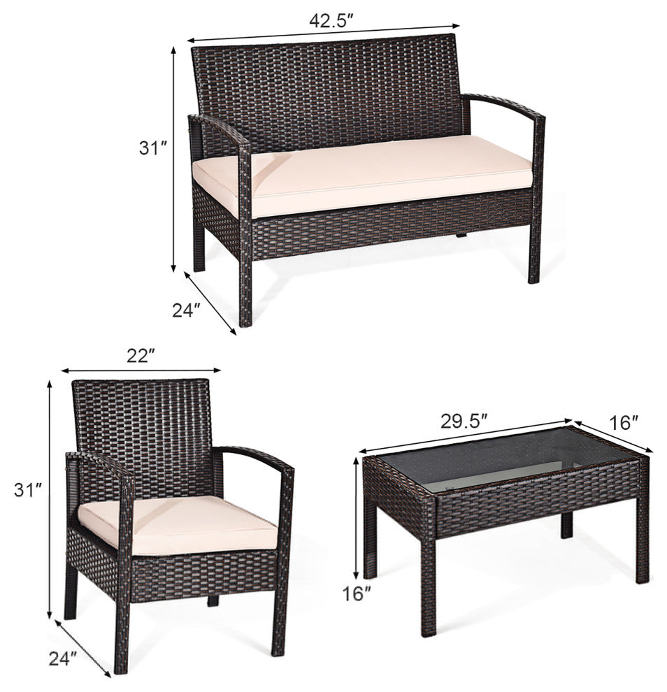 Goplus 4 PCS Outdoor Garden Black Rattan Wicker Sofa Set Furniture Cushioned
