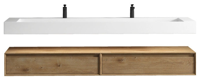 Alysa 84'' Floating Vanity, Acrylic Sink, Double Faucet Hole, White Oak