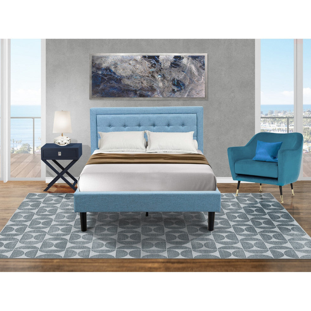 2Pc Fannin Full Size Bedroom Set, 1 Wood Bed Frame, Nightstand, Denim Blue