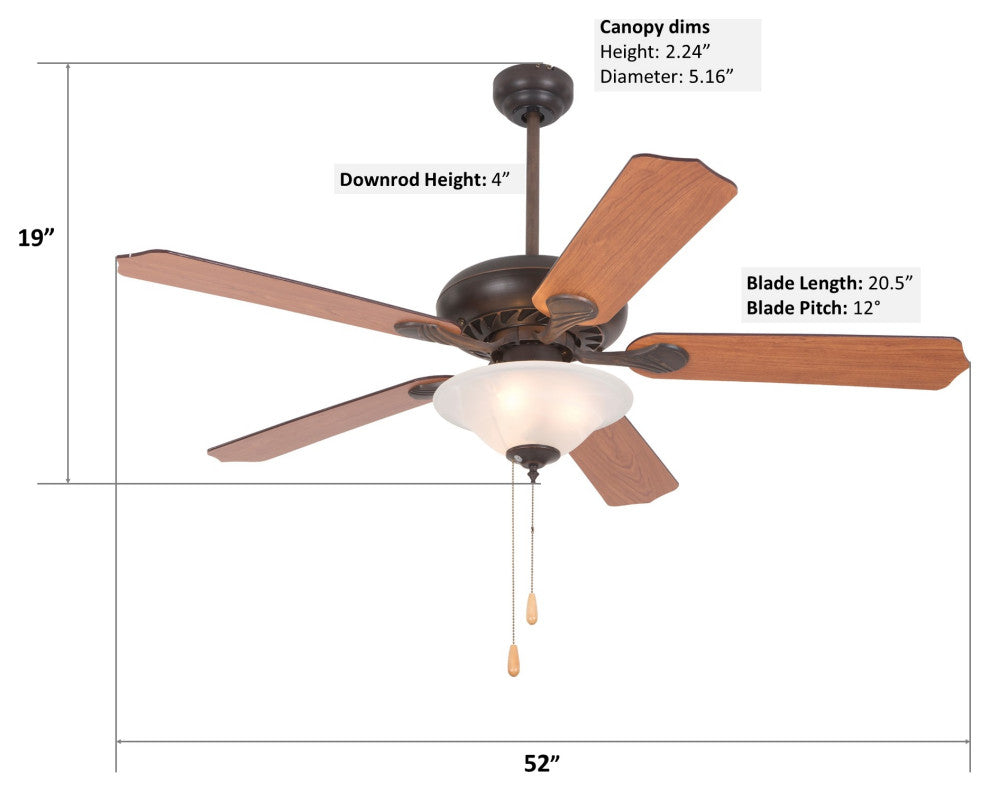 52" Ceiling Fan, Oil Rubbed Bronze Finish, 72" Lead Wire