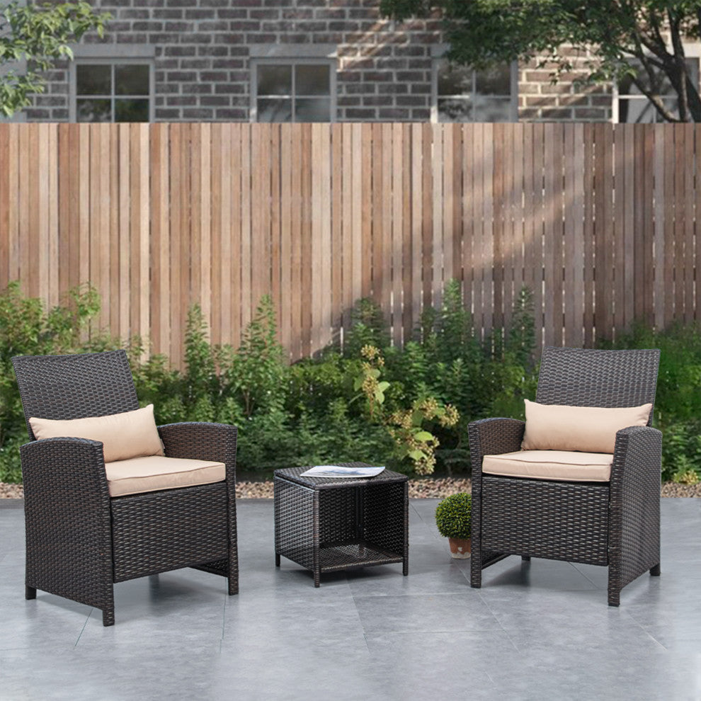 3 Pcs Outdoor Patio Conversation Wicker Rattan Bistro Set, Light Yellow