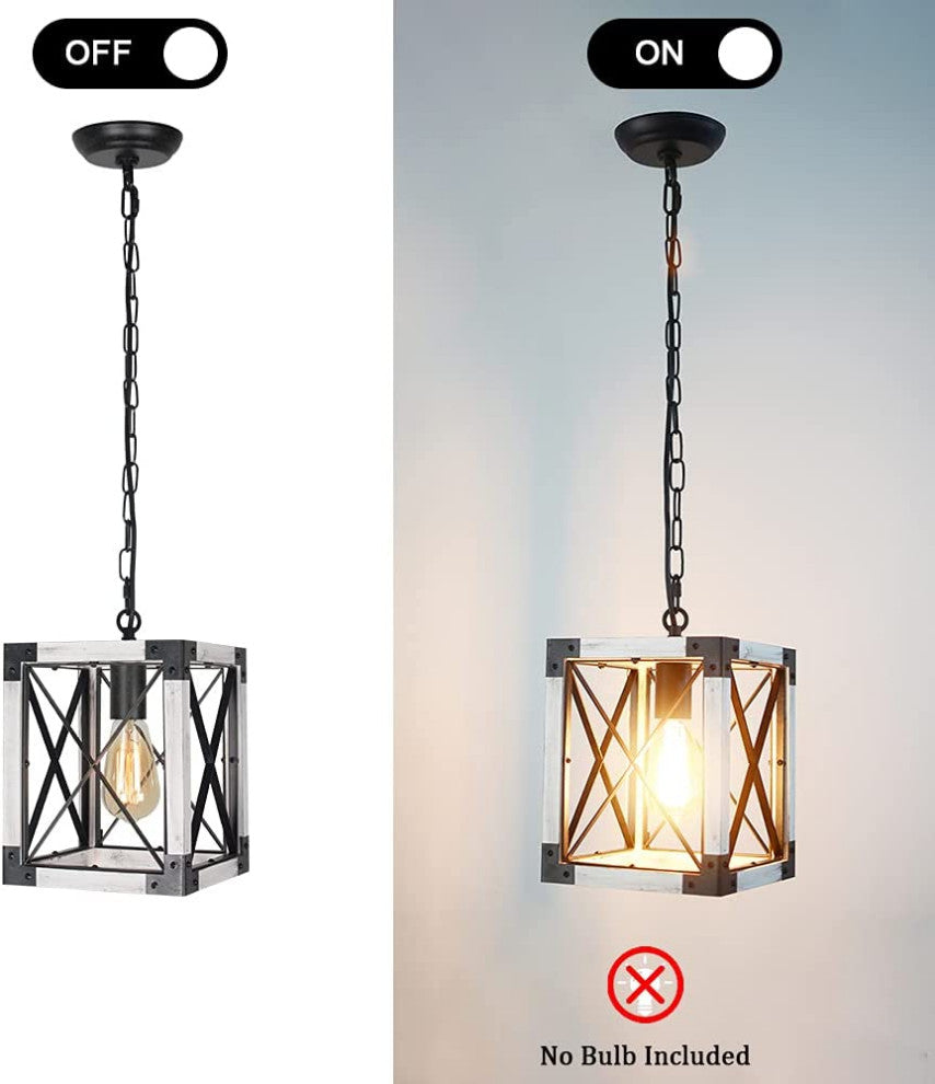 Island Wood Hanging Pendant Lamp Square Farmhouse Cage Pendant Light Fixture