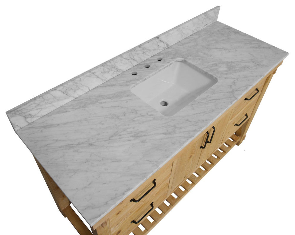 Birmingham Bathroom Vanity, Drift Wood, 60", Carrara Marble, Single Sink