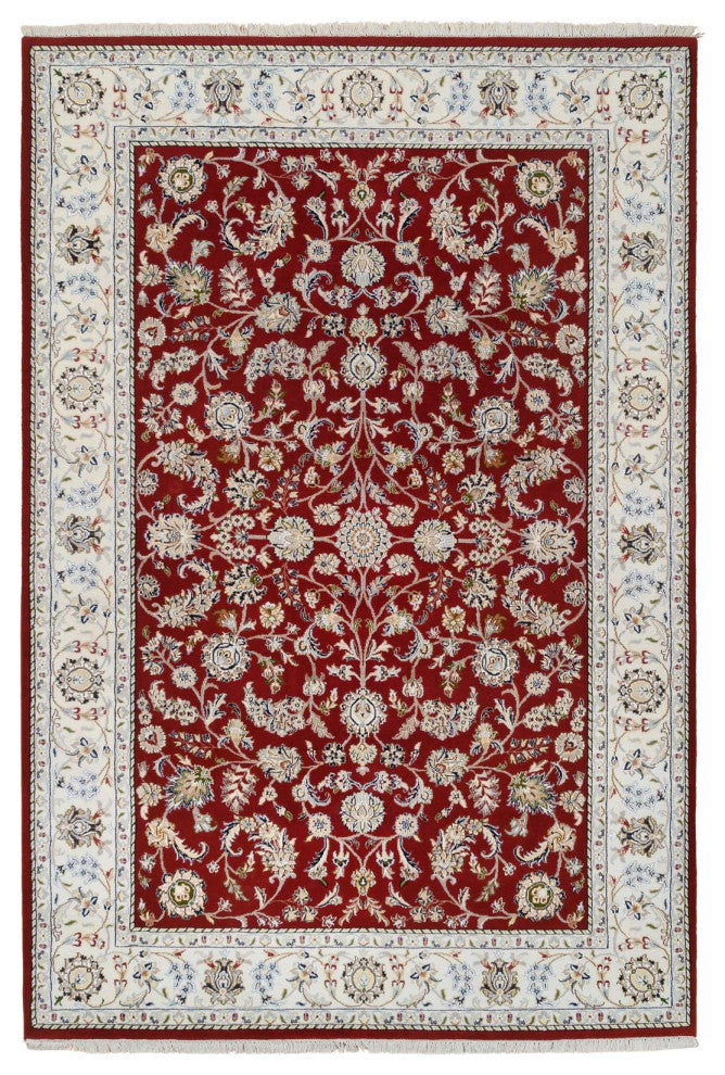Cherry Red, Nain 250 KPSI, Wool and Silk Hand Knotted Oriental Rug, 6'0"x8'10"