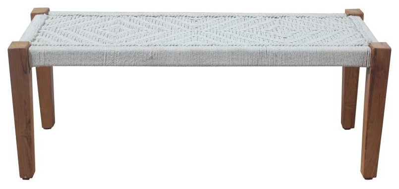2- Piece Set: Teak Solid Wood Benches with Ivory Jute Upholstery