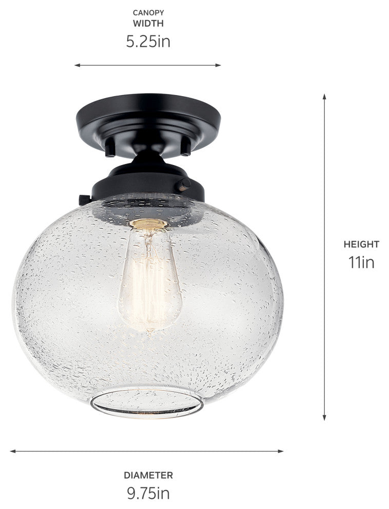 Avery 11" 1 Light Semi Flush With Clear Seeded Glass, Black