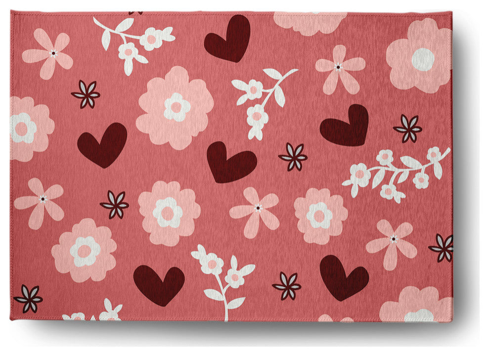 Flowery Love Valentines Chenille Rug, Pink, 5'x7'