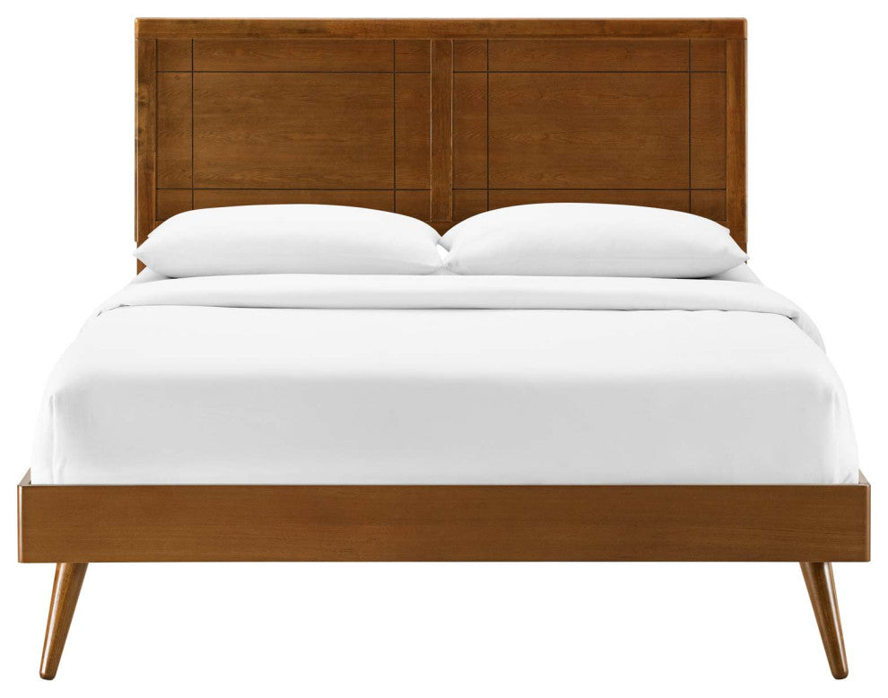 Platform Bed Frame, Queen Size, Wood, Brown Walnut, Modern Mid-Century, Bedroom