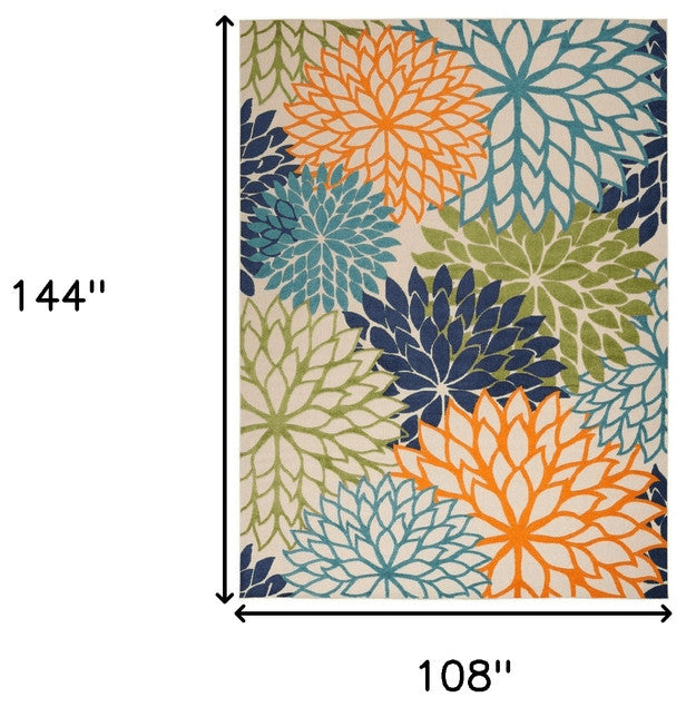 9' X 12' Orange Green And Blue Floral Non Skid Indoor Outdoor Area Rug
