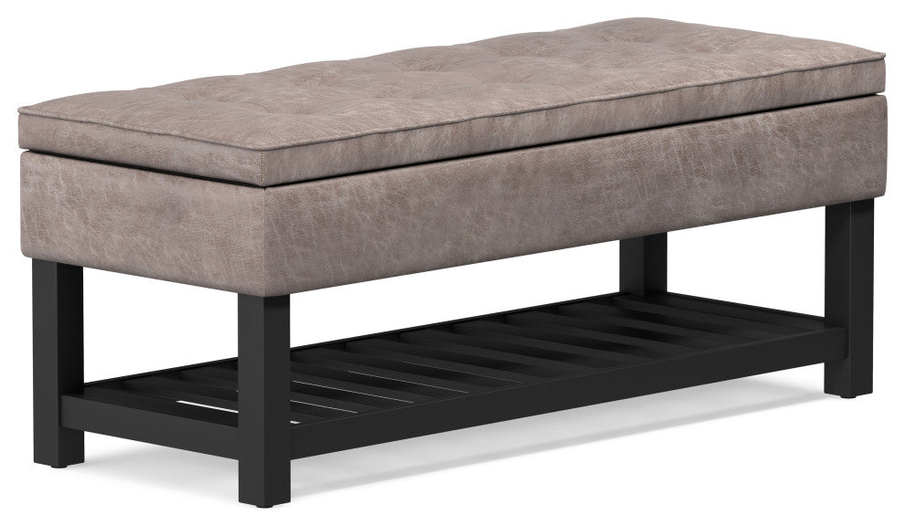 Cosmopolitan Storage Ottoman Bench With Open Bottom, Distressed Gray Taupe Faux Leather