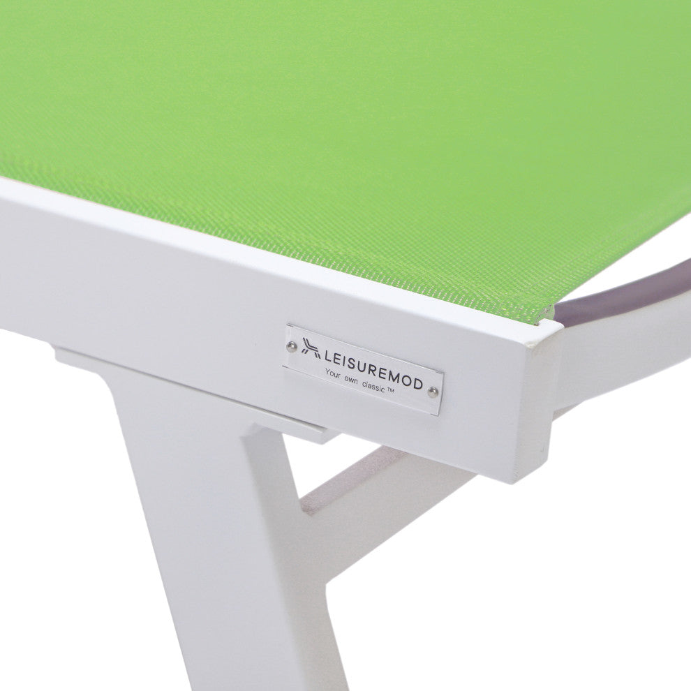 LeisureMod Marlin Patio Chaise Lounge Chair With Arms White Frame, Green