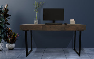 Grady Solid Wood 3 Drawer Desk in Gray Wash with Iron Base