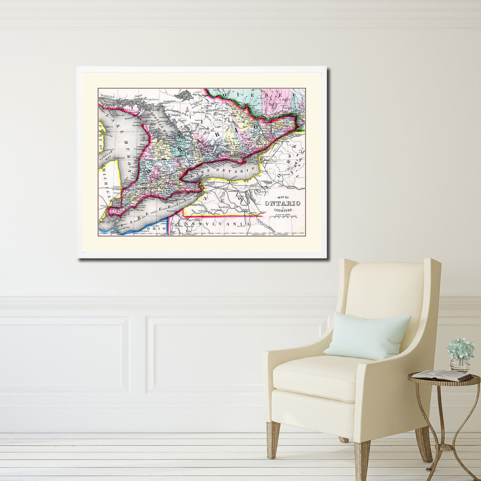 Ontario, Canada Old Map Print On Canvas With Frame Art Collection 16" X 21"