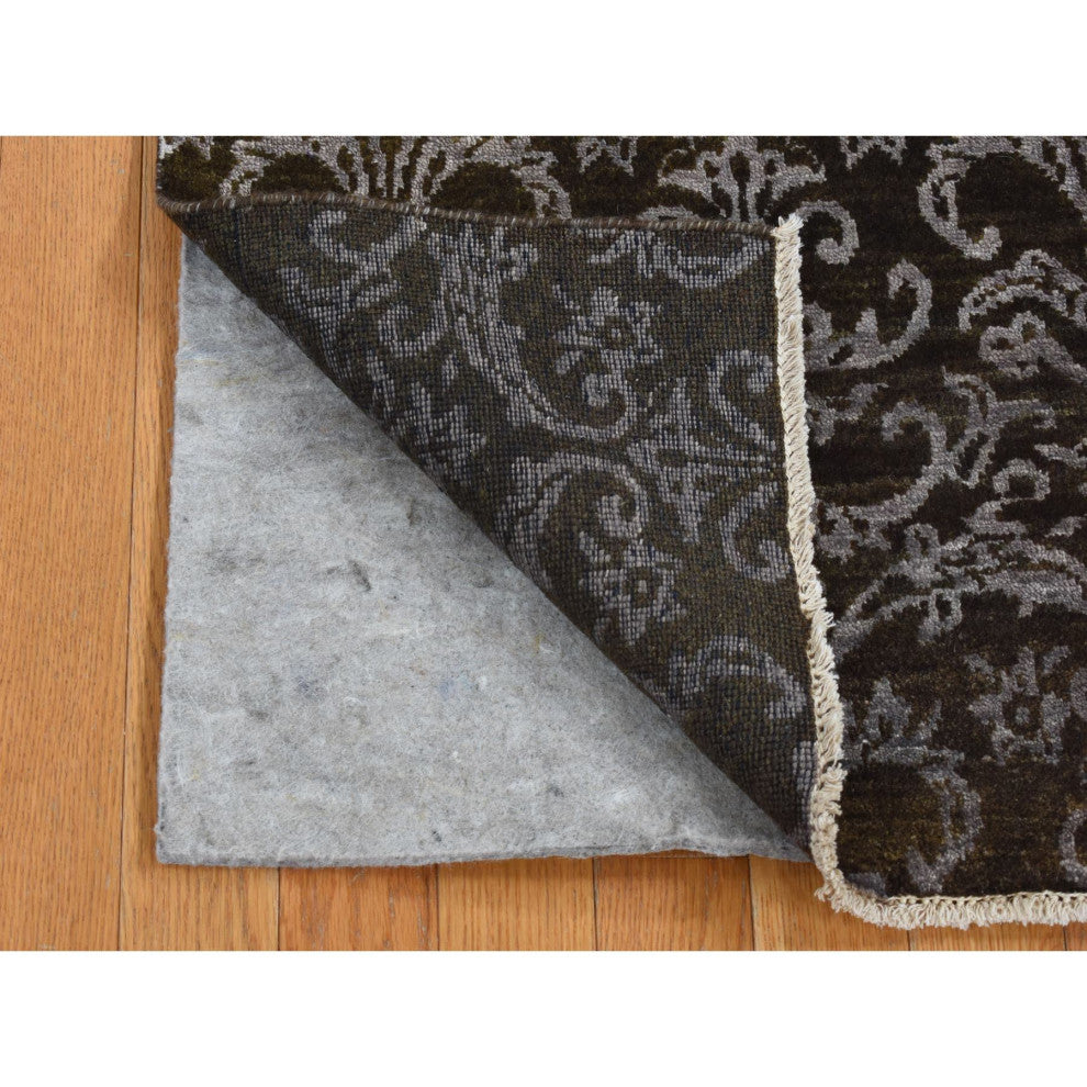 Green Abarasque Motif Design Wool and Silk Hand Knotted Runner Rug 2'4"x9'8"