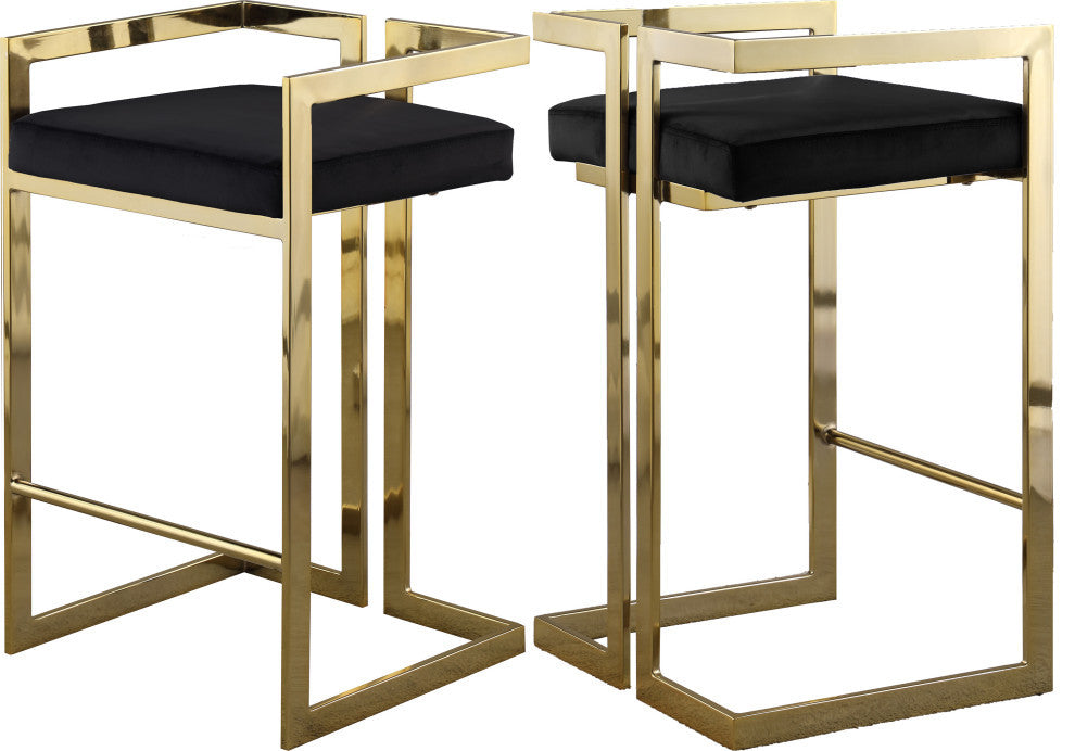 Ezra Counter Stool, Set of 2, Black Velvet, Gold Base