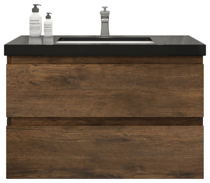 Belli 36" Wall Mounted Single Bathroom Vanity Set, Rosewood, Matt Black Top
