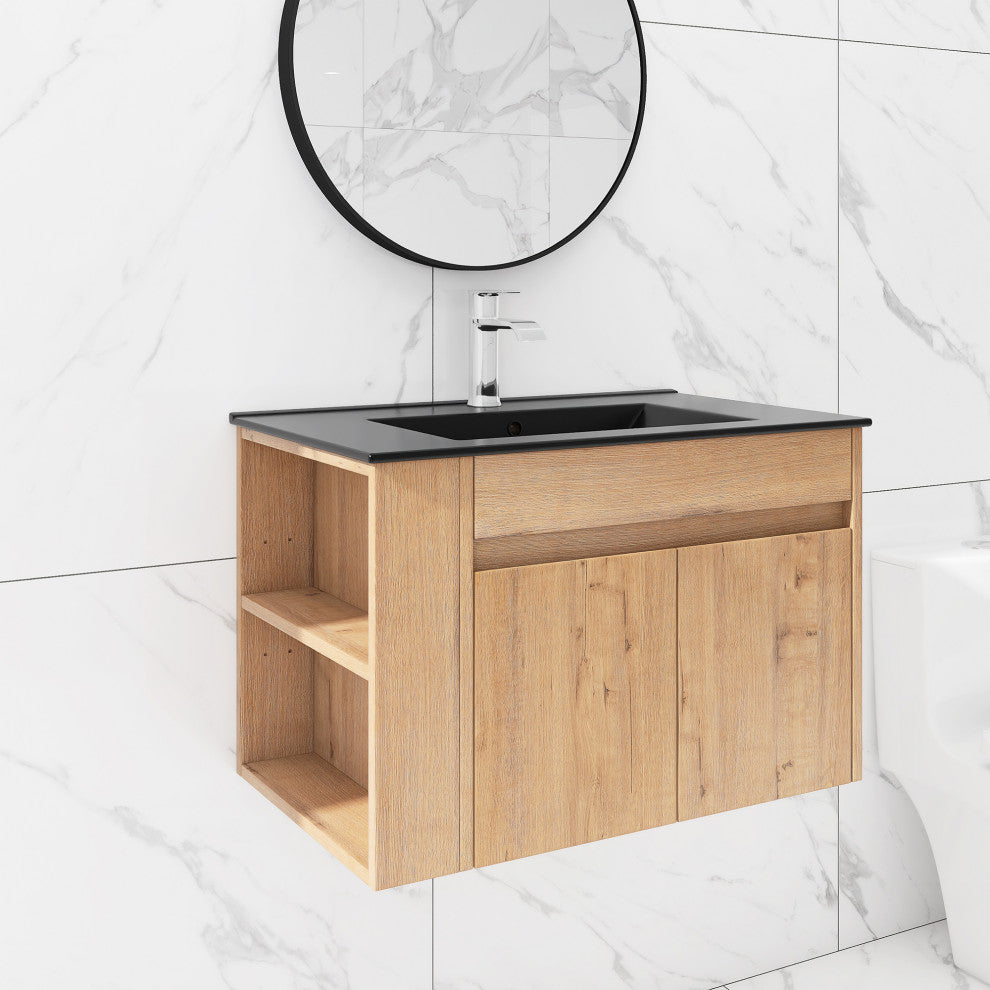 30 inch Wood Wall-Mounted Bathroom Vanity Set with Integrated Resin Sink, Imitative Oakï¼Œblack
