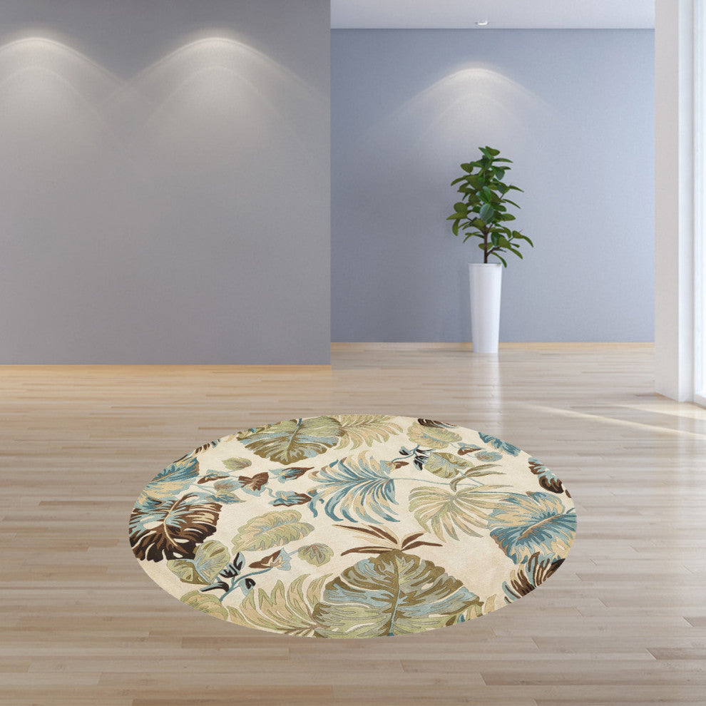 HomeRoots 7' Round Wool Ivory or Blue Area Rug
