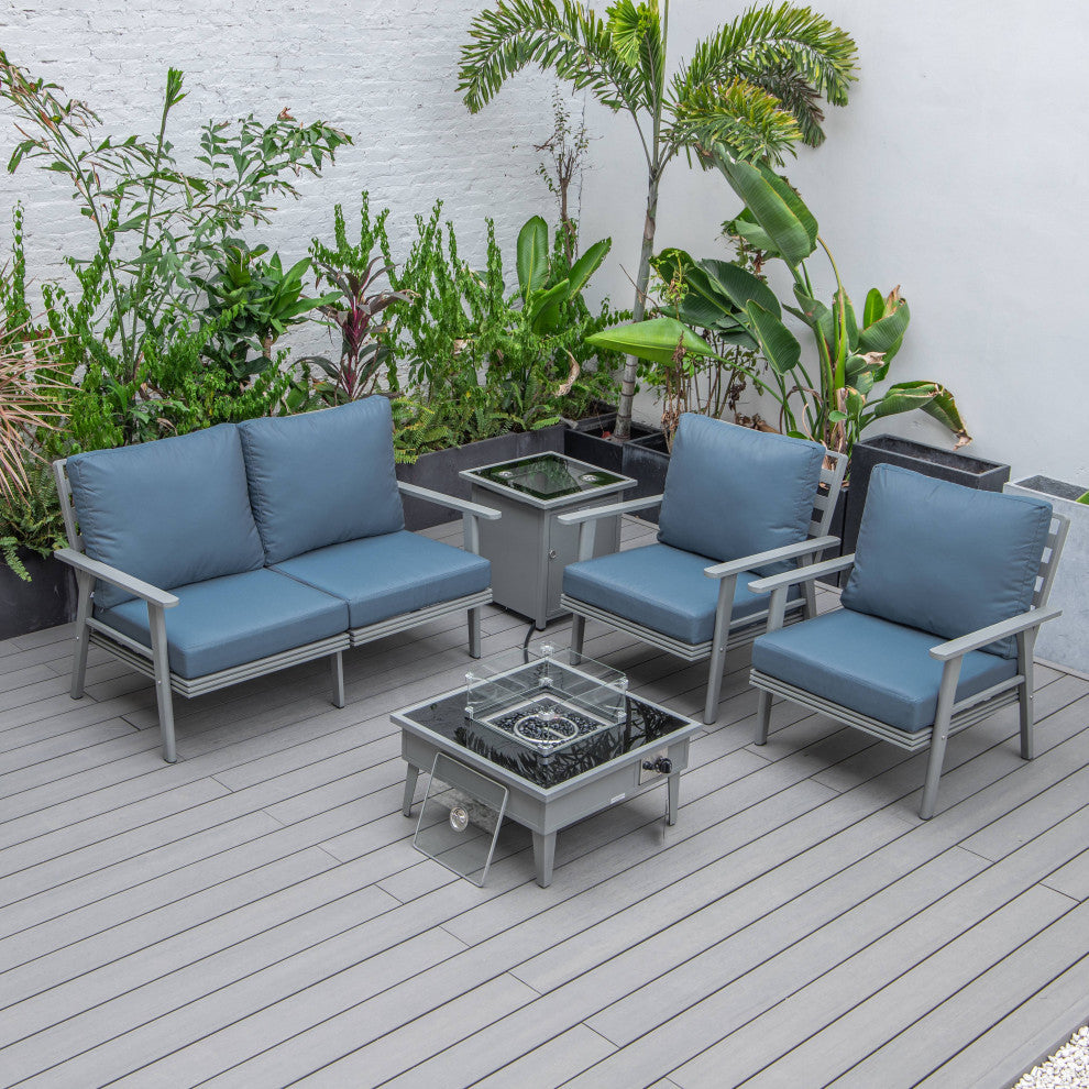LeisureMod Walbrooke Gray Patio Conversation Set With Fire Pit, Navy Blue
