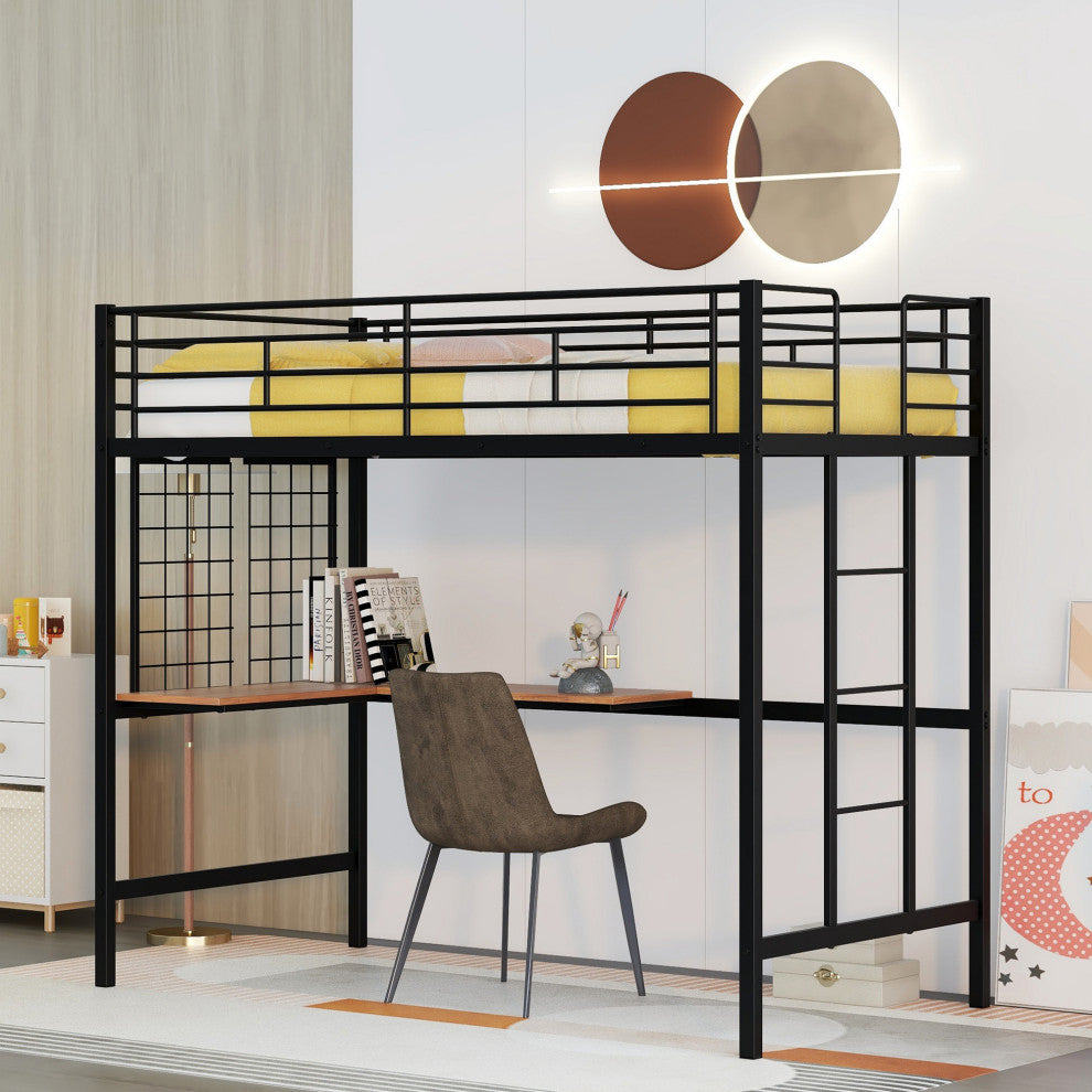 TATEUS Metal Loft Bed With Desk, Sturdy Metal Frame Guardrails Work and Play, Black, Twin