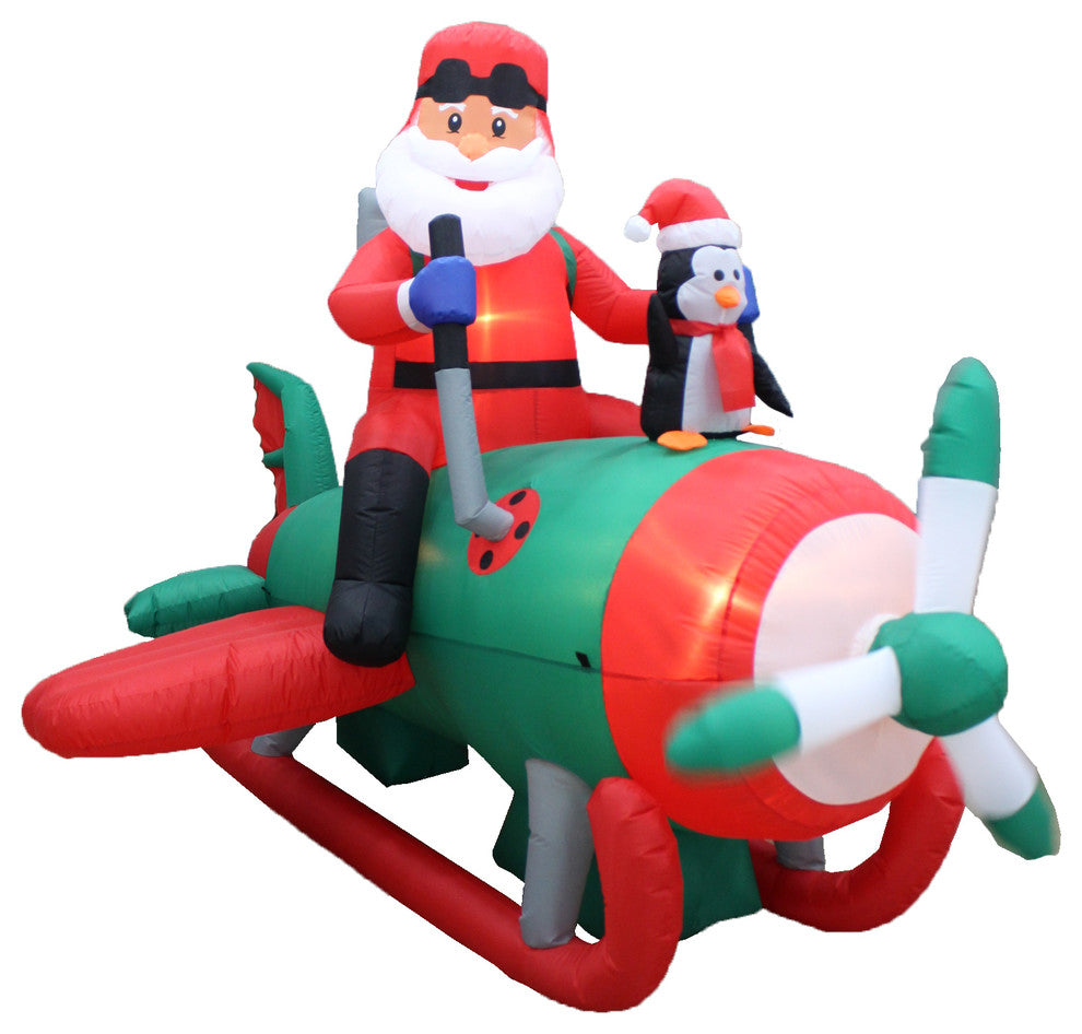 Inflatable Santa Clause and Penguin Airplane Yard Decoration, 8'
