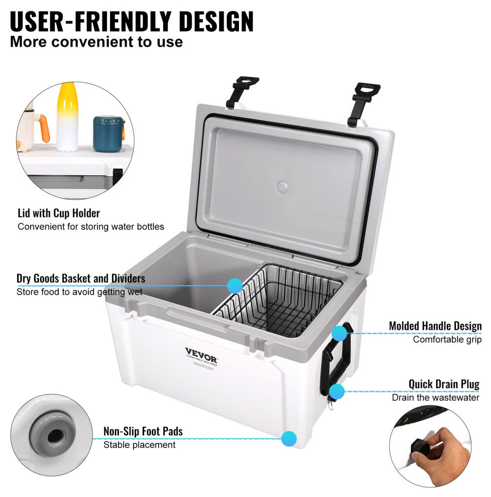 VEVOR Hard Cooler Insulated Portable Cooler Ice Chest, 52 Quart 50-Can Capacity