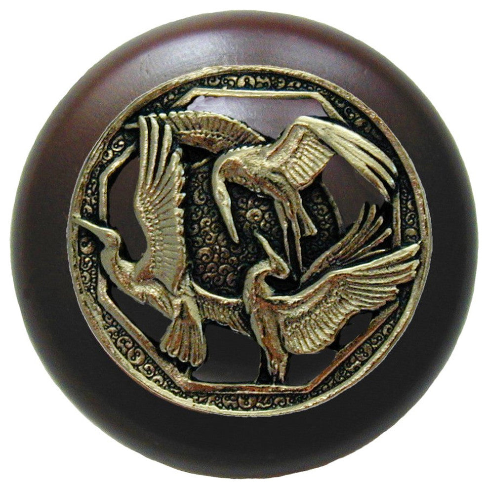 Crane Dance Wood Knob, Antique Brass, Dark Walnut Wood Finish, Brite Brass