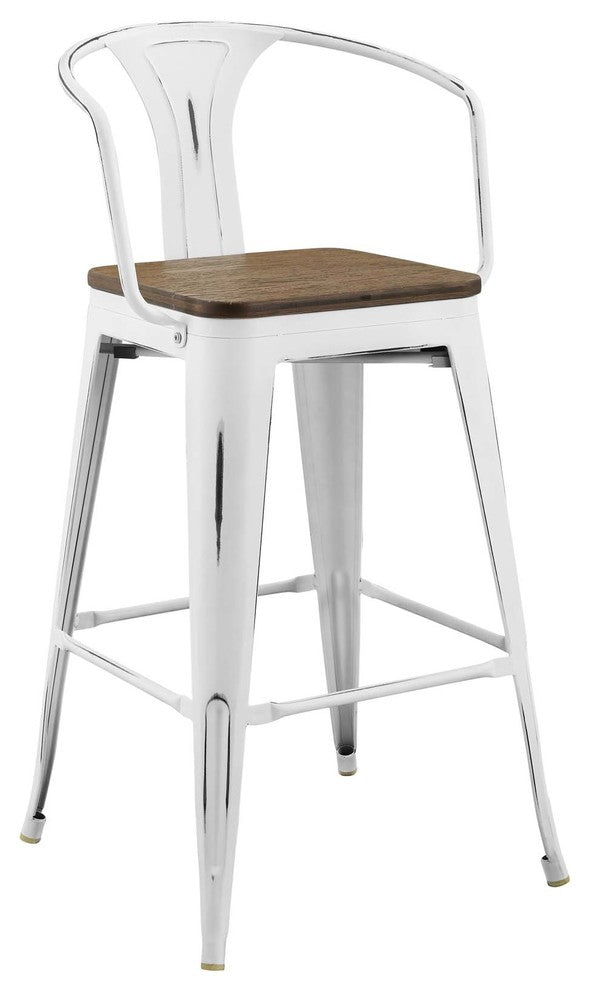 Country Farm Bar Dining Bar Stool, Metal Steel Wood, White