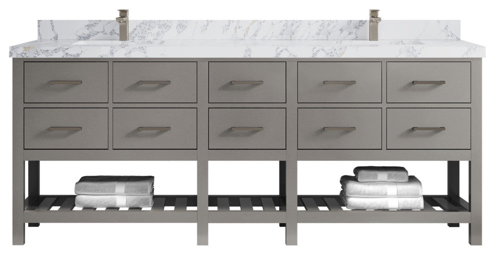 Parker 84" Double Sink Bath Vanity, Elephant Skin Gray 2" Calacatta Poanazzo
