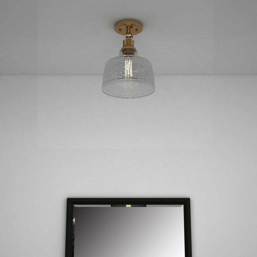 1 Light Ceiling fixture in Satin Gold with Clear Seedy Glass