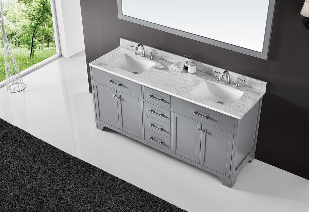 72" Double Sink Bathroom Vanity With Carrara Marble Top