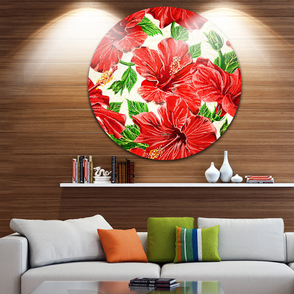 Seamless Hibiscus Flowers Pattern, Floral Disc Metal Wall Art, 38"