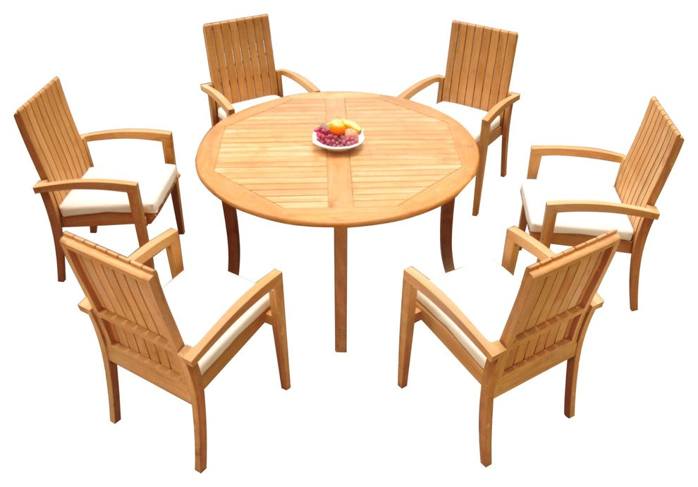 7-Piece Outdoor Teak Dining Set: 52" Round Table, 6 Goa Stacking Arm Chairs