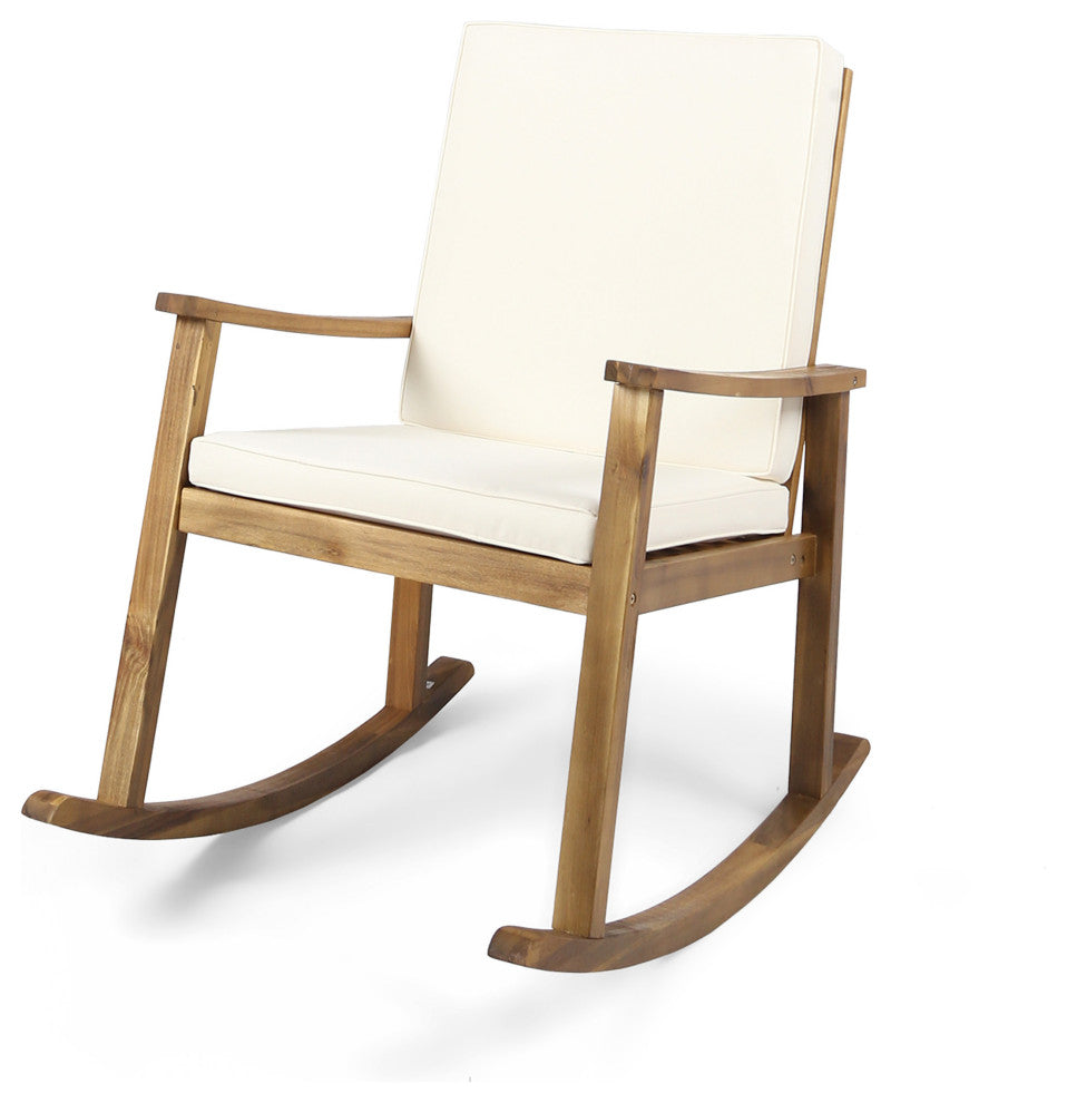 GDF Studio Caspar Outdoor Acacia Wood Rocking Chair, Teak Finish With Cream Cushion