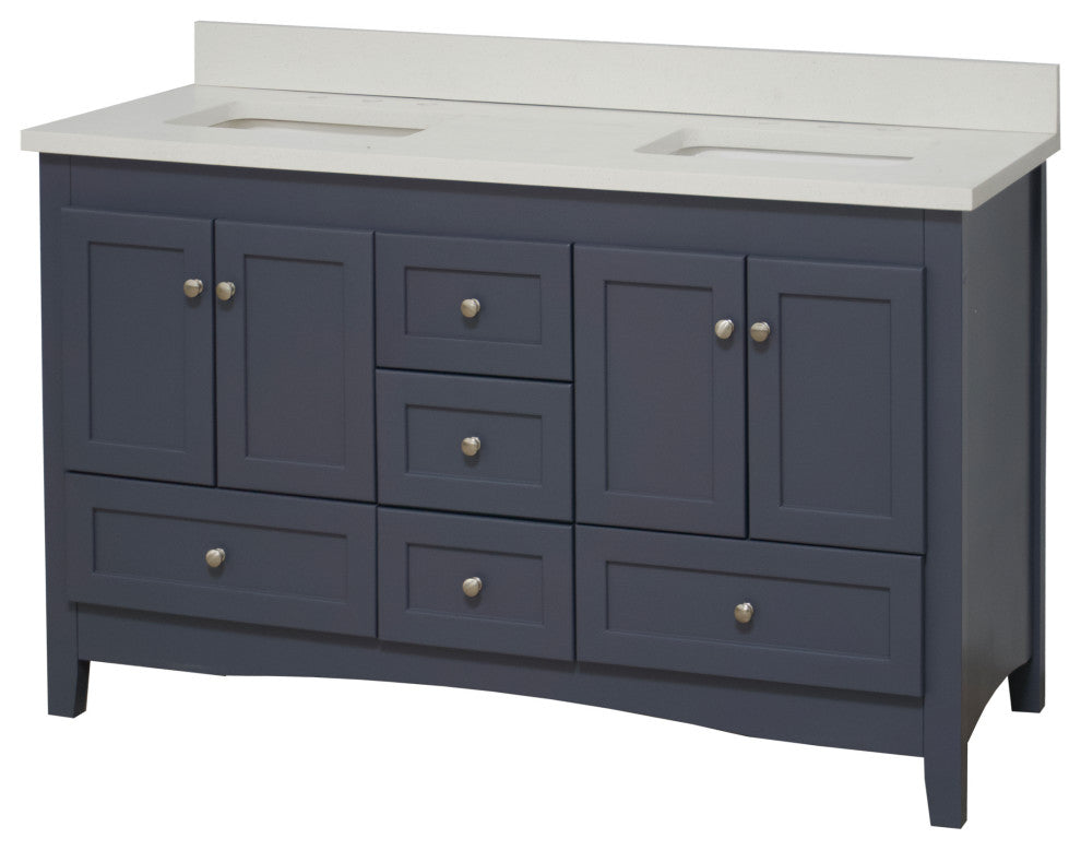 Abbey 60" Bath Vanity, Base: Marine Gray, Top: Quartz, Double Vanity